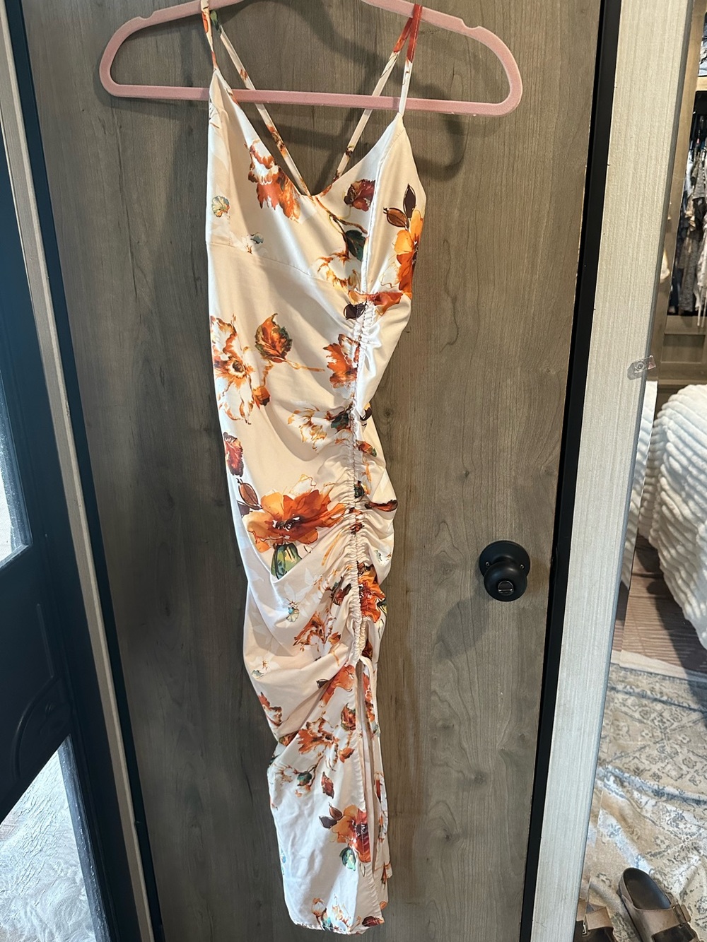 Zaful Floral Ruched Midi Dress Size 8 Ivory Orange Open Back